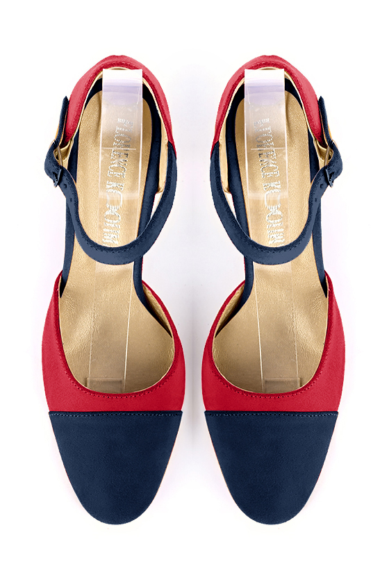 Navy blue and cardinal red women's open side shoes, with an instep strap. Round toe. Medium block heels. Top view - Florence KOOIJMAN